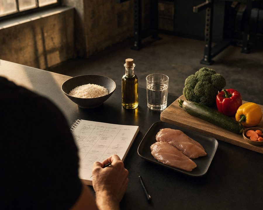 Kitchen counter with simple balanced ingredients and a handwritten weekly plan
